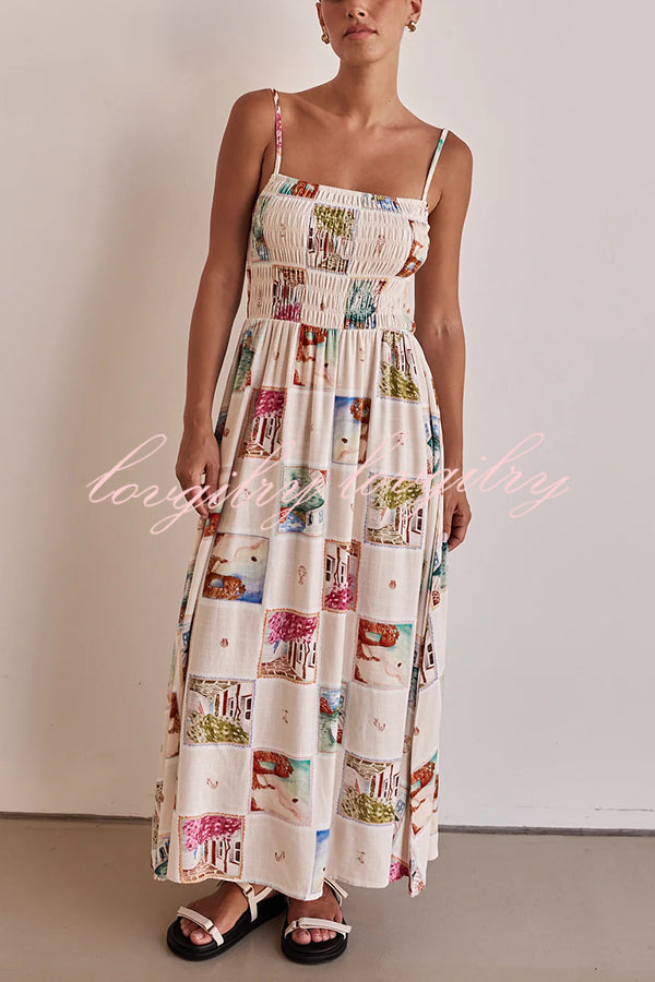 Unique Printed Sling Backless Elastic Pleated Maxi Dress