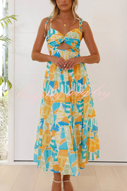 Unique Printed Suspender Tie Back Pleated Midi Dress