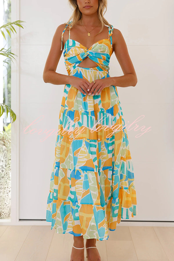 Unique Printed Suspender Tie Back Pleated Midi Dress