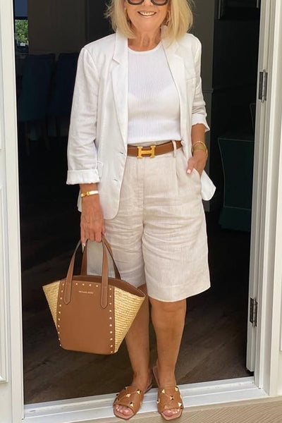 Solid Color Lapel Long-sleeved Loose Top and Casual Pocket Shorts Set