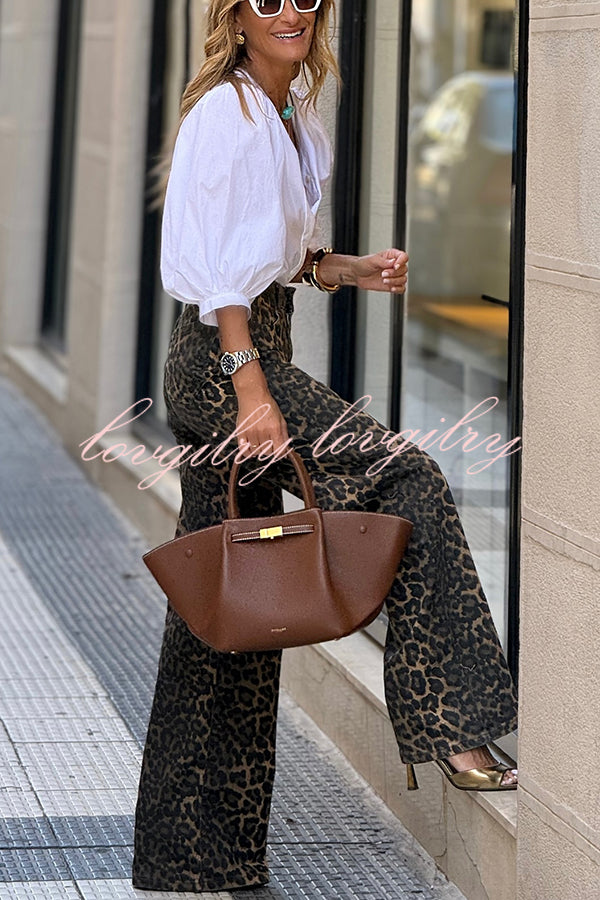 Wild Feel Denim Leopard Print High Rise Wide Leg Pocketed Jeans