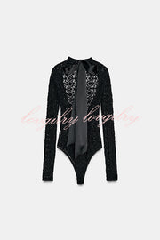 Anna Semi-sheer Lace Long Sleeve Back Bow Tie-up Cutout Stretch Bodysuit