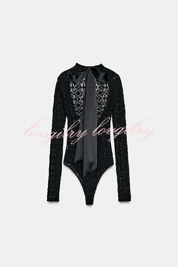 Anna Semi-sheer Lace Long Sleeve Back Bow Tie-up Cutout Stretch Bodysuit