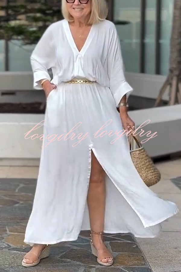 Solid Color V-Neck Casual Loose Pocket Slit Maxi Dress