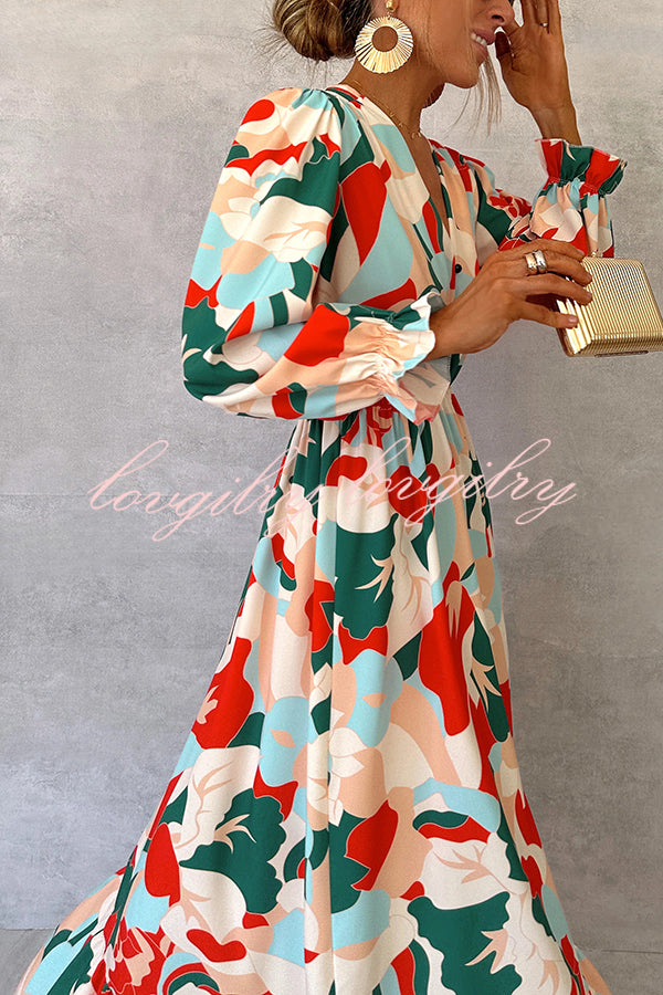 Colorful Printed V-neck Waist High Slit Ruffled Maxi Dress