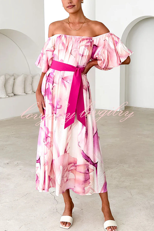 Floral Print Elegant Puff Sleeve Tie-Waist Midi Dress