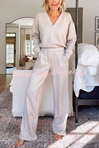 Oatmeal Morning Solid Color V-neck Sweatshirt and Elastic Waist Pocketed Lounge Pants Set