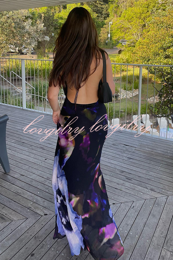 Bold and Sexy Tie-dye Abstract Floral Halter Drape Neck Backless Maxi Dress