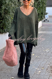 Fashionable Patchwork V-neck Long Sleeve Knit Sweater