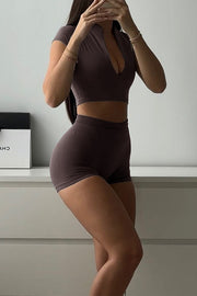 Fashionable Sports Yoga Style V-neck Crop Top and Stretch Slim Shorts Set