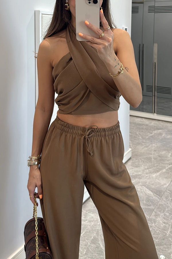 Noellie Cross Halter Neck Smocked Tank and Elastic Waist Pocketed Wide Leg Pants Set