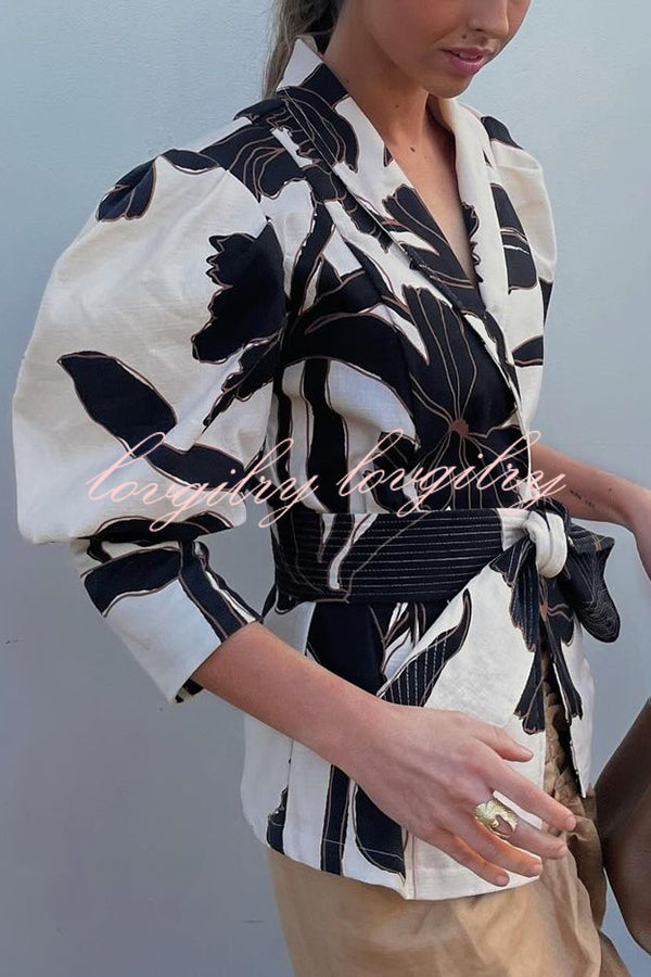 Sunny Sangria Unique Printed Puff Sleeve Waist Tie Lapel Jacket