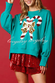 Candy Cane Lane Sequined Pullover Long Sleeved Sweatshirt