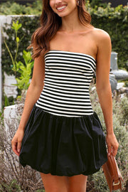 Stripe Print Paneled Pleated Tube Top Mini Dress