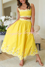 Perfect Vacation Embroidered Trim Crop Tank and Elastic Waist A-line Maxi Skirt Set