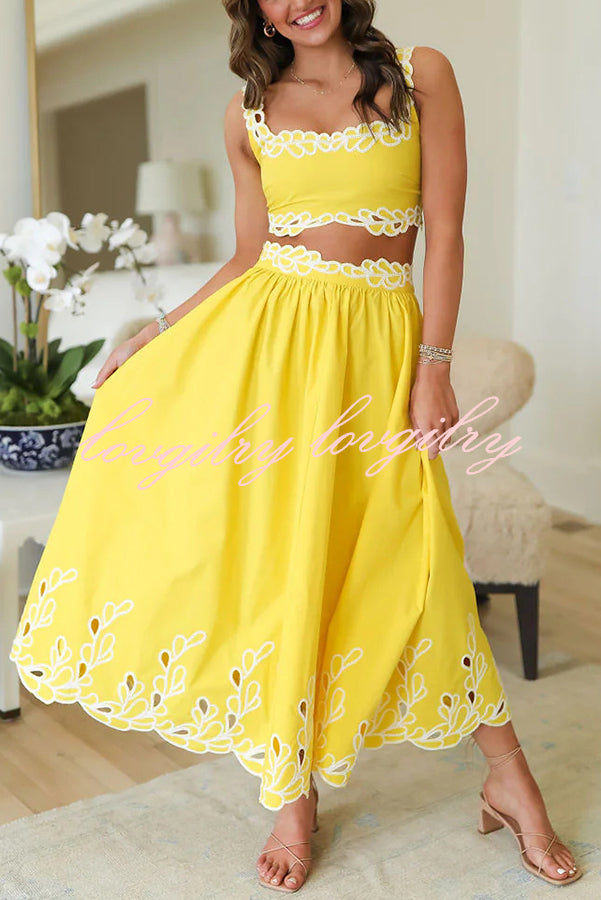 Perfect Vacation Embroidered Trim Crop Tank and Elastic Waist A-line Maxi Skirt Set