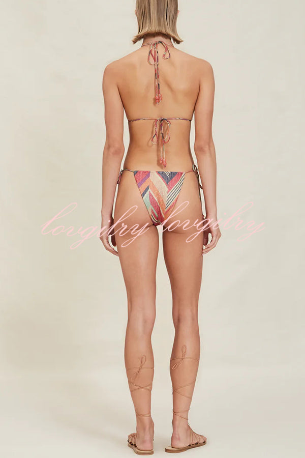 Gypsy Girl Triangle Pattern Beaded Halter Tie-up Stretch Bikini Set