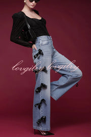 Runway Muse Denim High Rise Bow Trim Pocketed Wide Leg Jeans