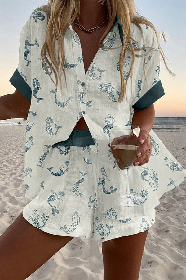 Mermaid Print Loose Button Elastic Waist Shorts Set