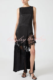 Pretty Soul Satin Lace Trim Wide Neck Irregular Hem Slit Maxi Dress