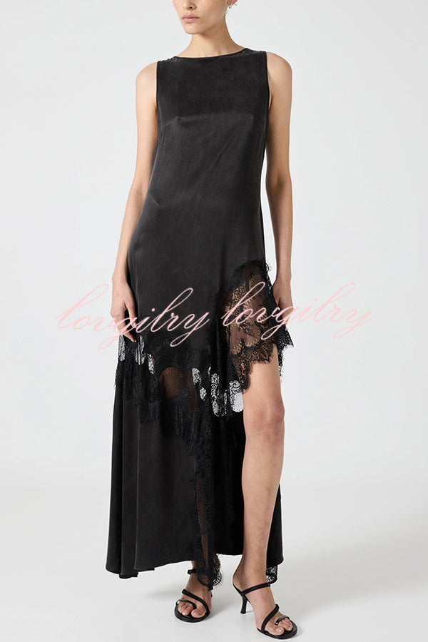 Pretty Soul Satin Lace Trim Wide Neck Irregular Hem Slit Maxi Dress
