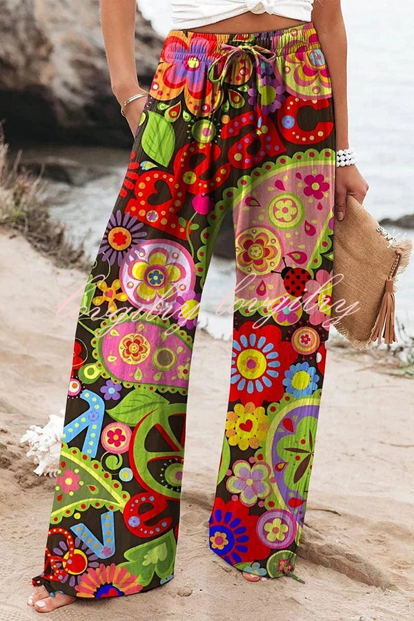 Colorful Print Elastic Waist Drawstring Pocket Pants