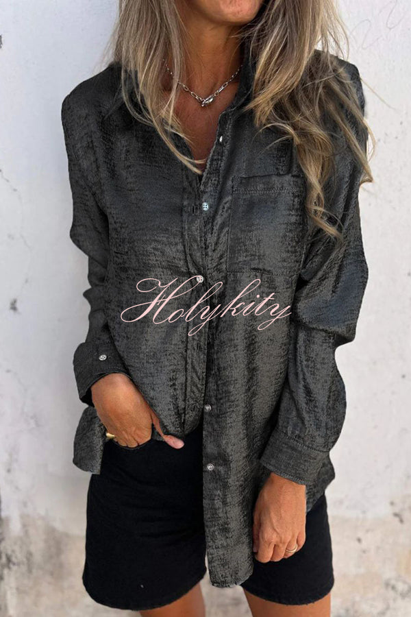 First and Fabulous Metallic Fabric Button Up Long Sleeve Loose Blouse