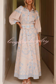 Linen Blend Lapel Puff Sleeve Casual Waist Belted Maxi Dress
