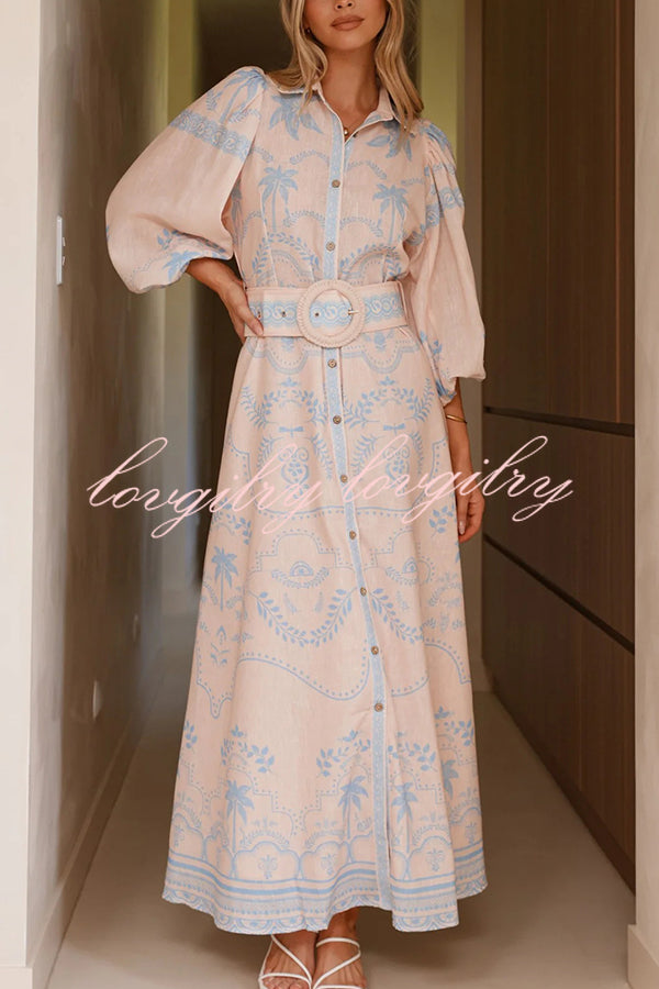 Linen Blend Lapel Puff Sleeve Casual Waist Belted Maxi Dress