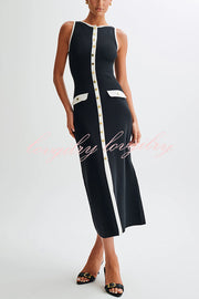 Elegant Slim Fit Crew Neck Buttoned Sleeveless Knit Midi Dress