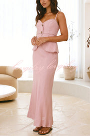 Solid Color Halter Button-Down Top and Elegant Fitted Maxi Skirt Set
