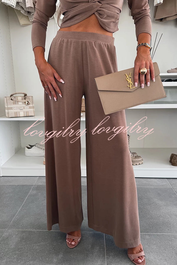 Solid Color Round Neck Long Sleeve Twist Crop Top and Elastic Waist Pocket Wide Leg Pants Set