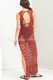 Sunset Cocktail Knit Crochet Tassel Trim Cover-up Maxi Dress