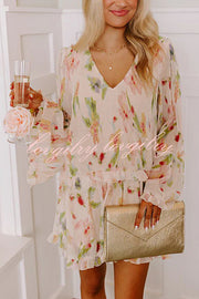 Striking Pleated Floral Print V Neck Ruffle Paneled Long Sleeve Mini Dress