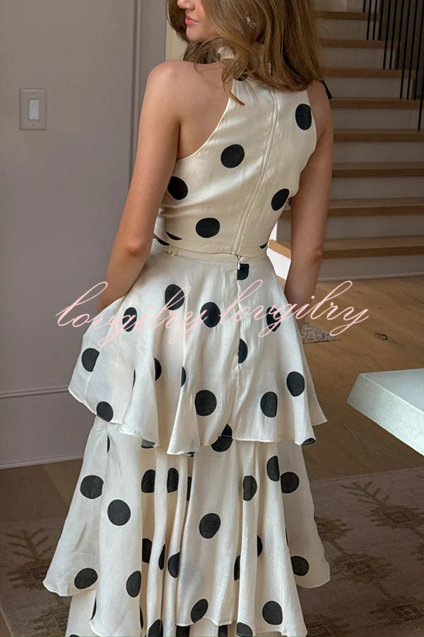 Gift To You Polka Dot Print High Neck Sleeveless Top and Layered Hem Maxi Skirt Set