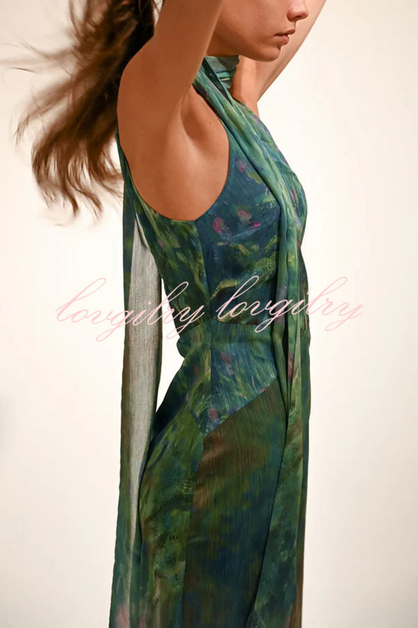 Monet Garden Art Print Turtleneck Cutout Backless Scarf Maxi Dress