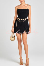 Timeless Exquisite Tweed Fabric Metal Coin Chain Detail Slip Mini Dress