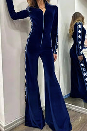 Star-print Velvet Patchwork Zipped Wide-leg Jumpsuit