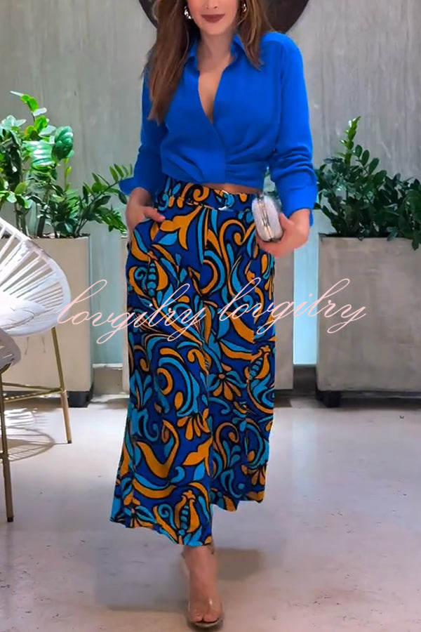 Ocean Heart Linen Blend Printed Ruched Hem Blouse and Belted High Rise Pocket Loose Pants Set