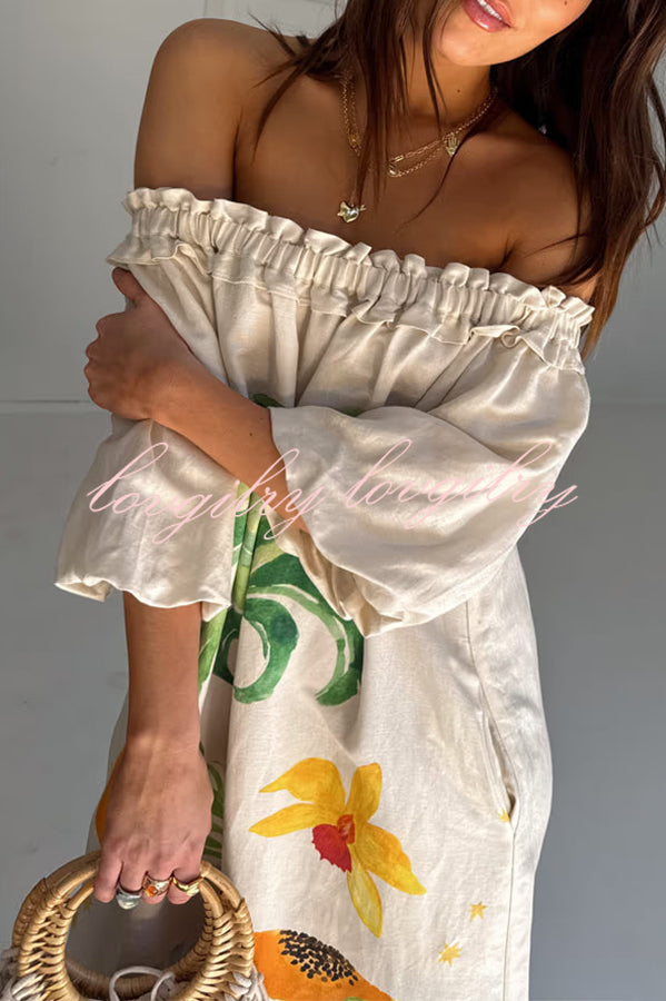 Sunveil Linen Blend Unique Print Puff Sleeve Pocket Strapless Maxi Dress