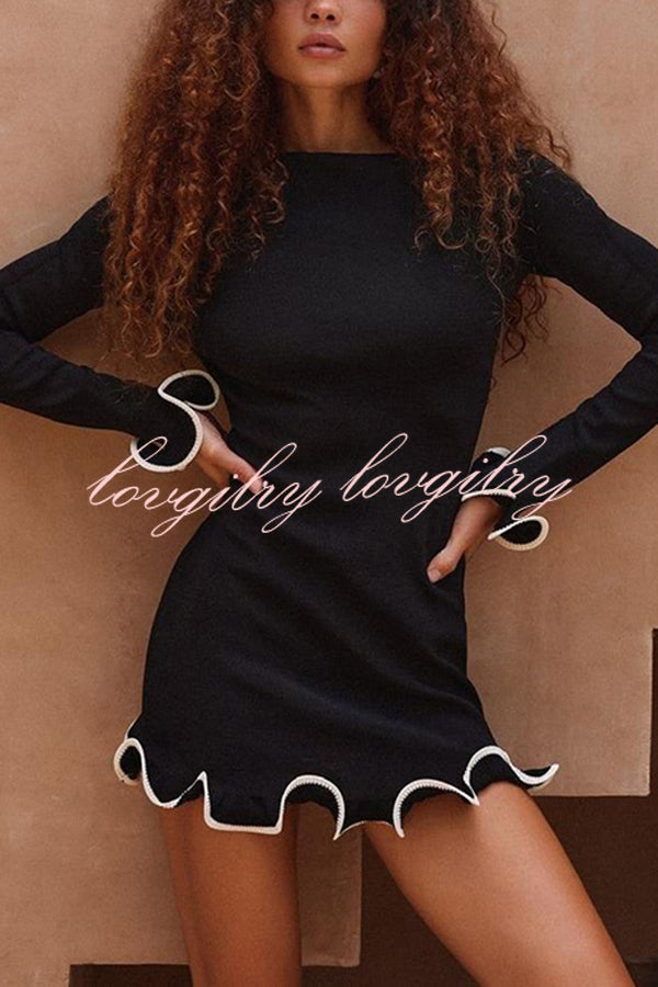 Fashionable Rolled Hem Round Neck Long Sleeve Slim Fit Mini Dress