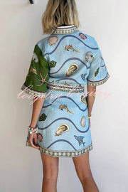 Deep Sea Dreaming Linen Blend Unique Print Tie-up Pocketed Shirt Mini Dress