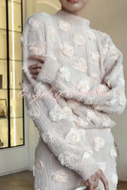 Fashionable 3D Floral Decoration Loose Long-sleeved Top