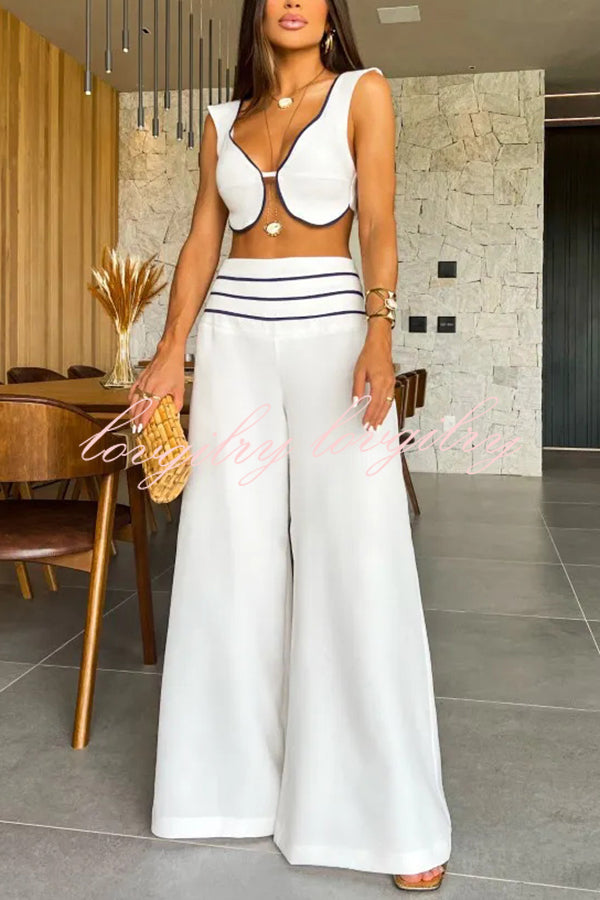 Solid Color Sexy V-neck Sleeveless Top and High-waisted Loose Pants Set