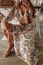 Botanical Print Pleated Long Sleeved Maxi Dress