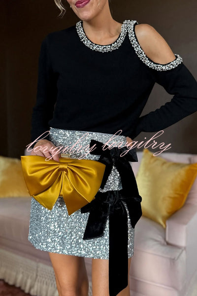 Holiday Party Knit Crystal-Embellished Cut-out Shoulder Long Sleeve Top