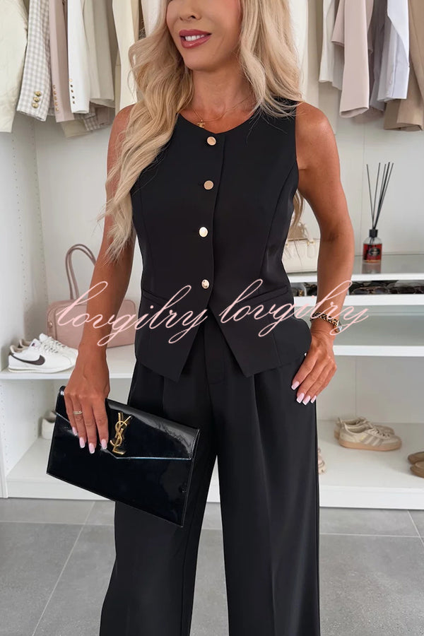 Workplace Chic Sleeveless Button Vest and Relaxed Pocket Wide Leg Pants Set