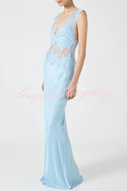 Wonderful Fusion Satin Lace Trim See-through Waist V-neck Drape Maxi Dress