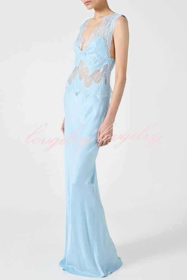 Wonderful Fusion Satin Lace Trim See-through Waist V-neck Drape Maxi Dress