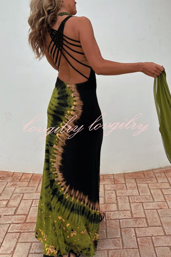 Summer Adventures Tie-dye Print Back Lace-up Stretch Maxi Dress